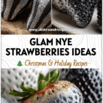 Black and silver New Years Chocolate Covered Strawberries arranged beautifully for a festive New Year’s Eve party.